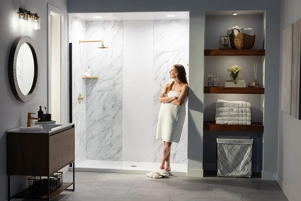 Dr. Bath marble shower with seamless glass enclosure