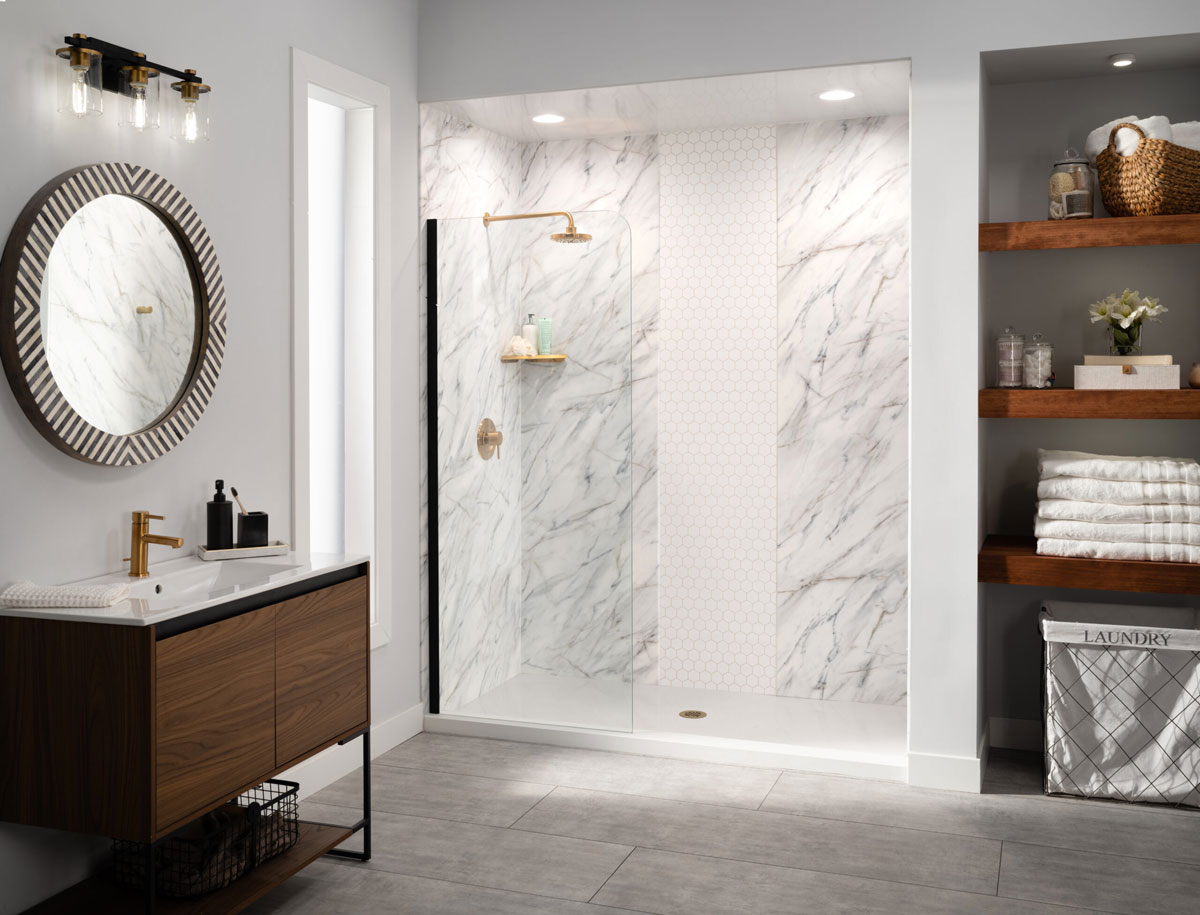 Dr. Bath bright white shower with sliding glass door